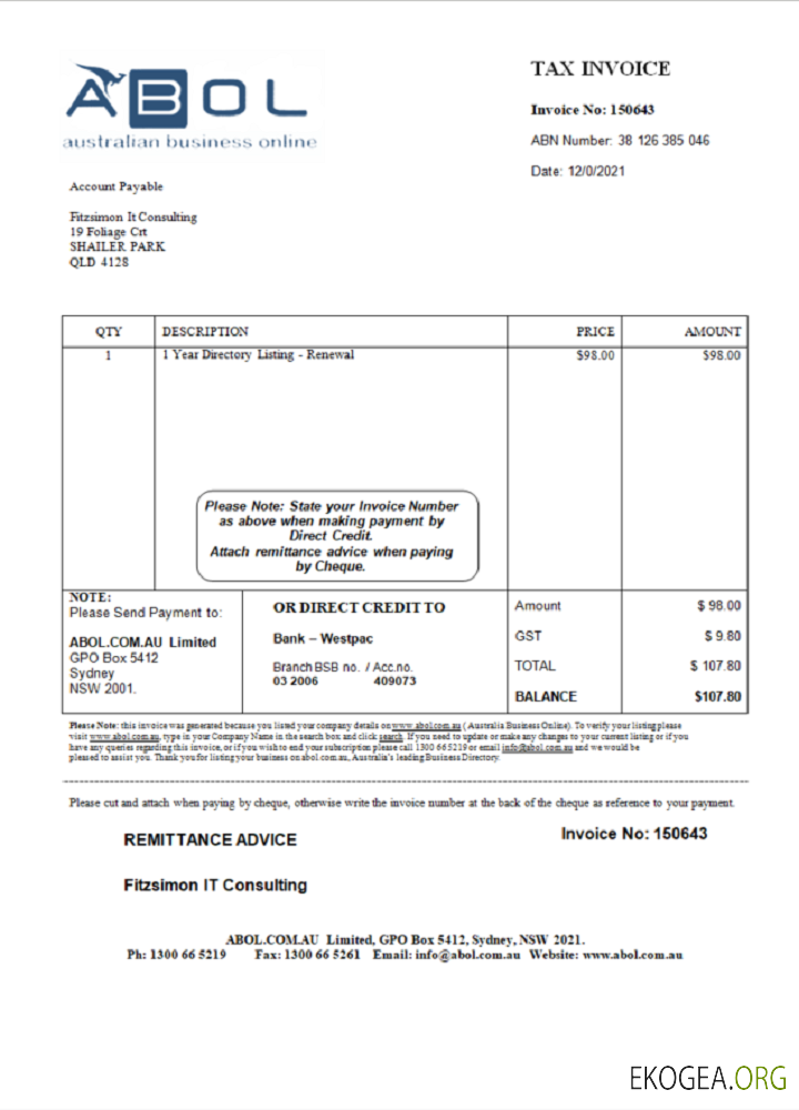 Facture de la société de conseil en marketing ABOL en Australie